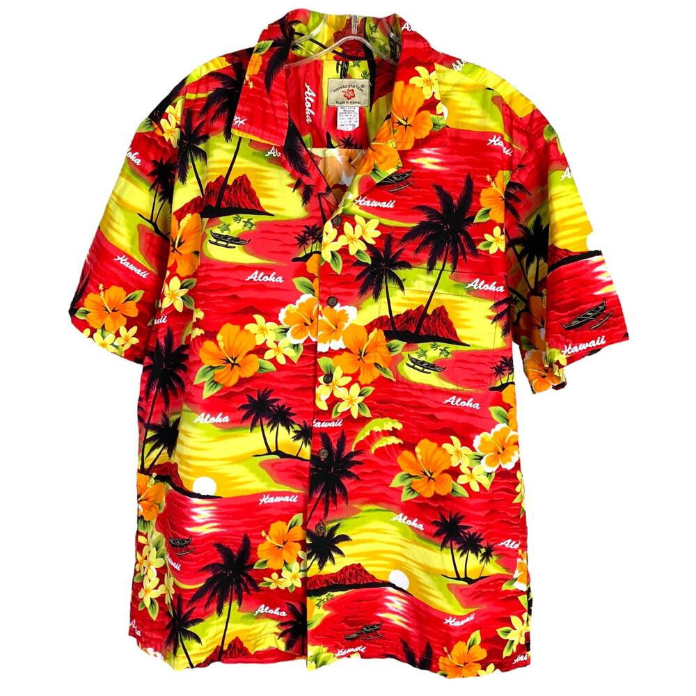 Hawaii Station Shirt Mens L Red Orange‎ Floral Tropical Aloha Button Down Cotton